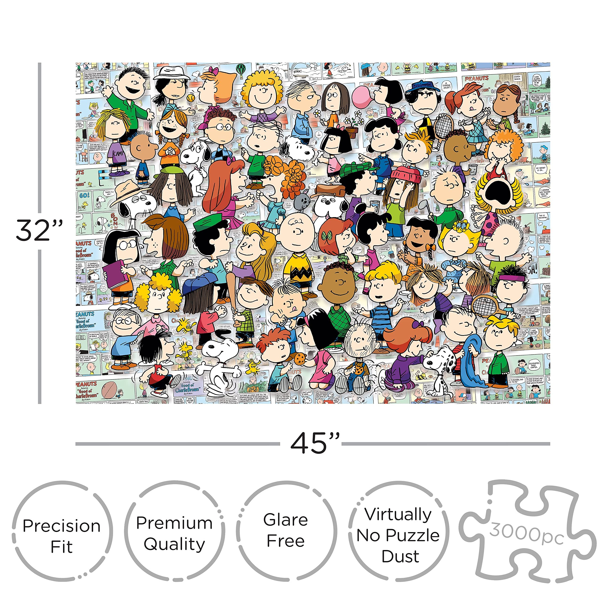 AQUARIUS Peanuts cast puzzle box front shows colorful characters and a satisfying challenge