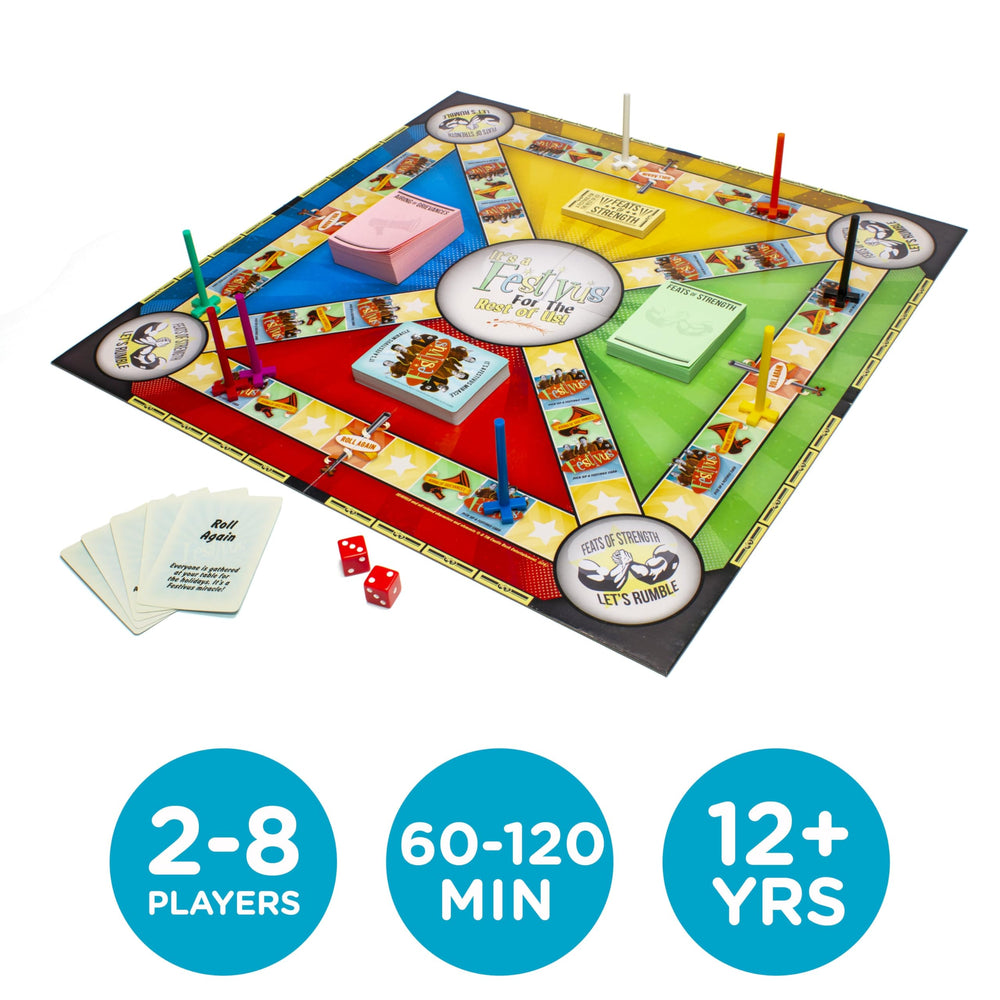 AQUARIUS Seinfeld Festivus Board Game components laid out for easy setup and play