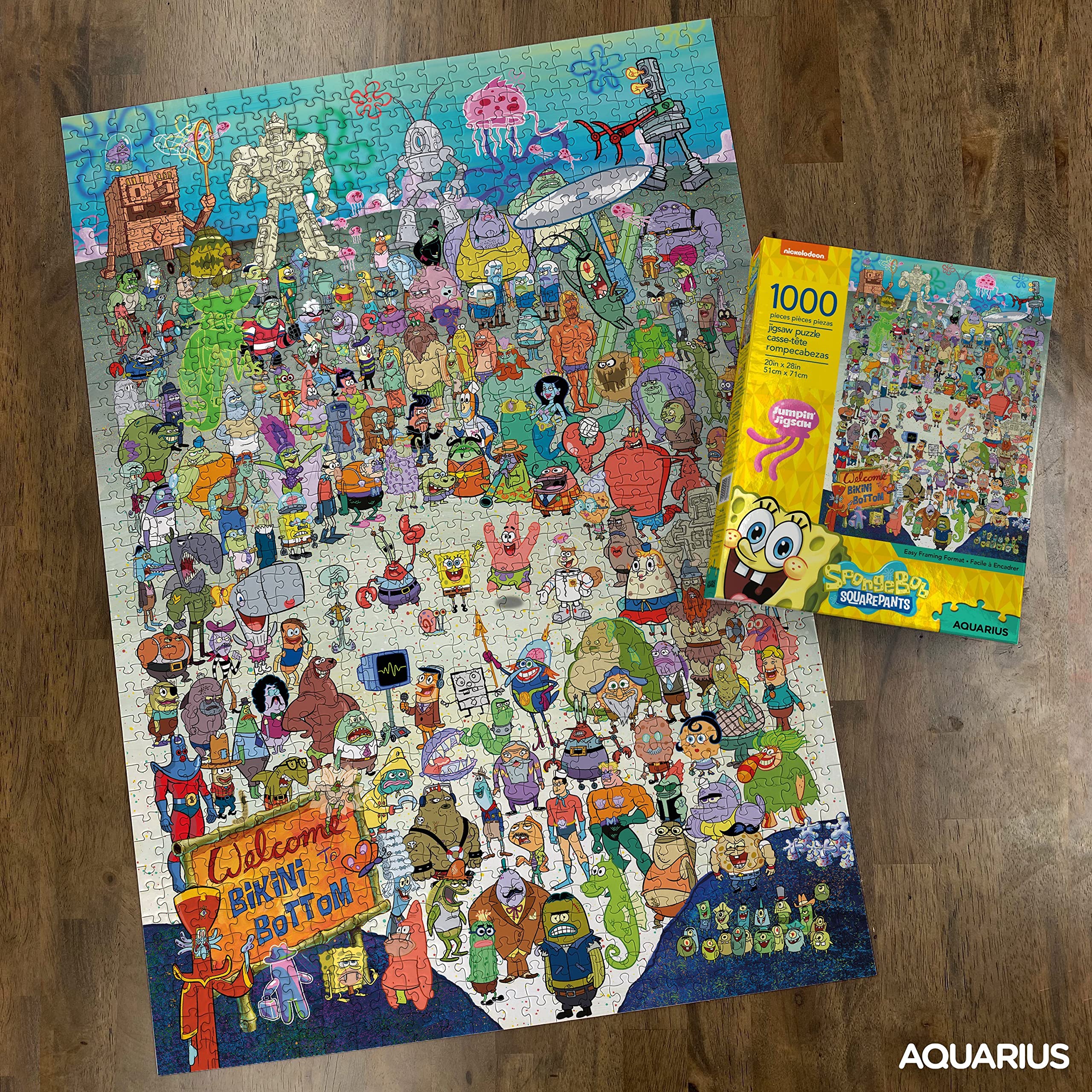 AQUARIUS SpongeBob puzzle box and pieces show glossy packaging and rugged components for durable solving.