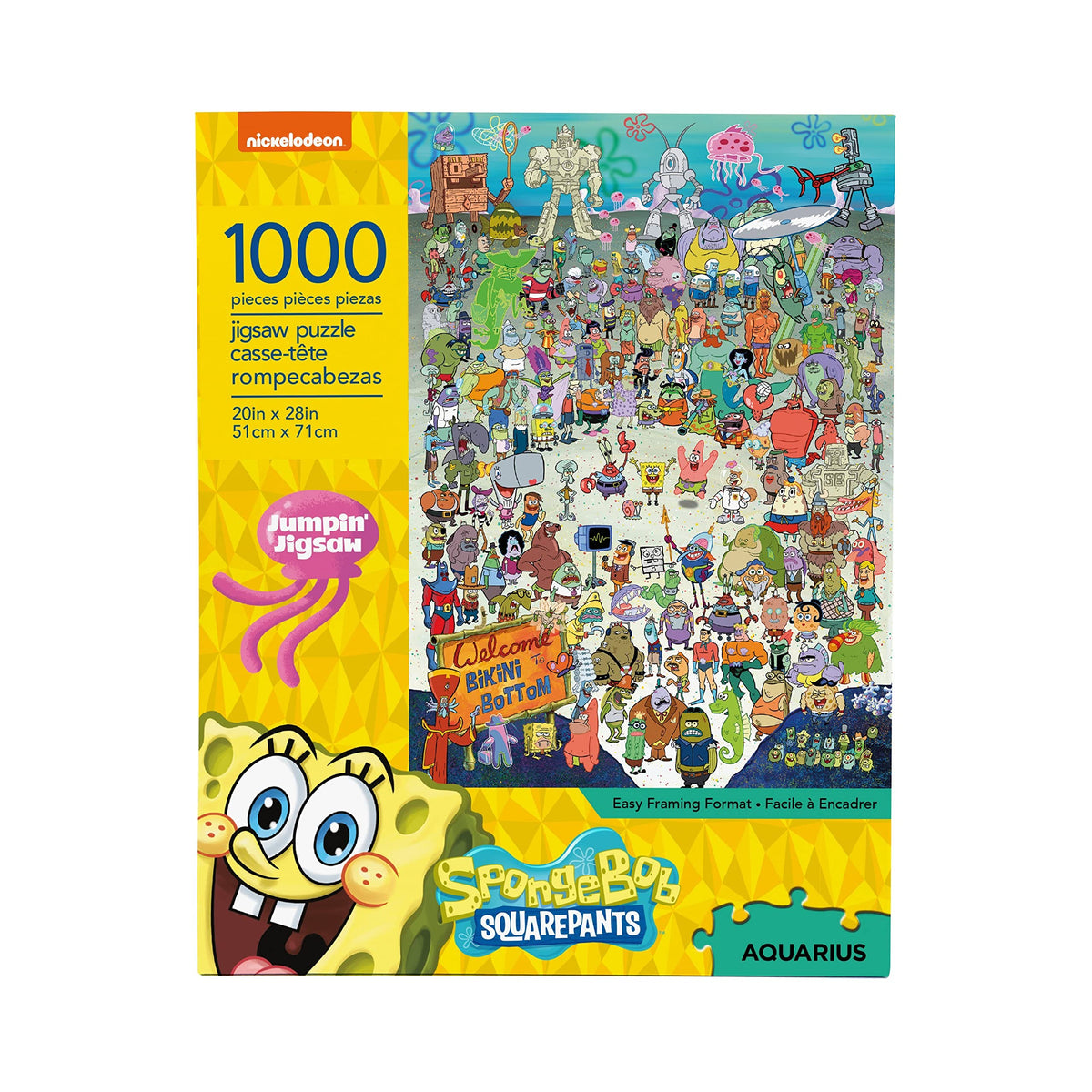 AQUARIUS SpongeBob puzzle front view highlights vivid Bikini Bottom, ideal for family puzzling.