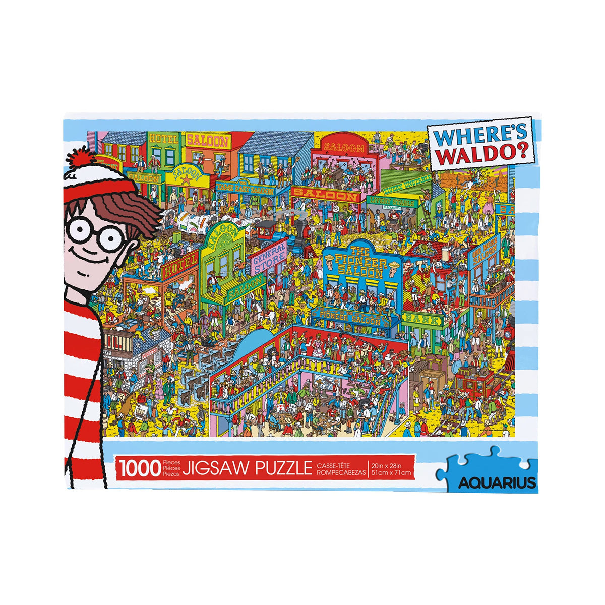 Aquarius Where's Waldo Wild West puzzle cover, vibrant 1000-piece set for family puzzling