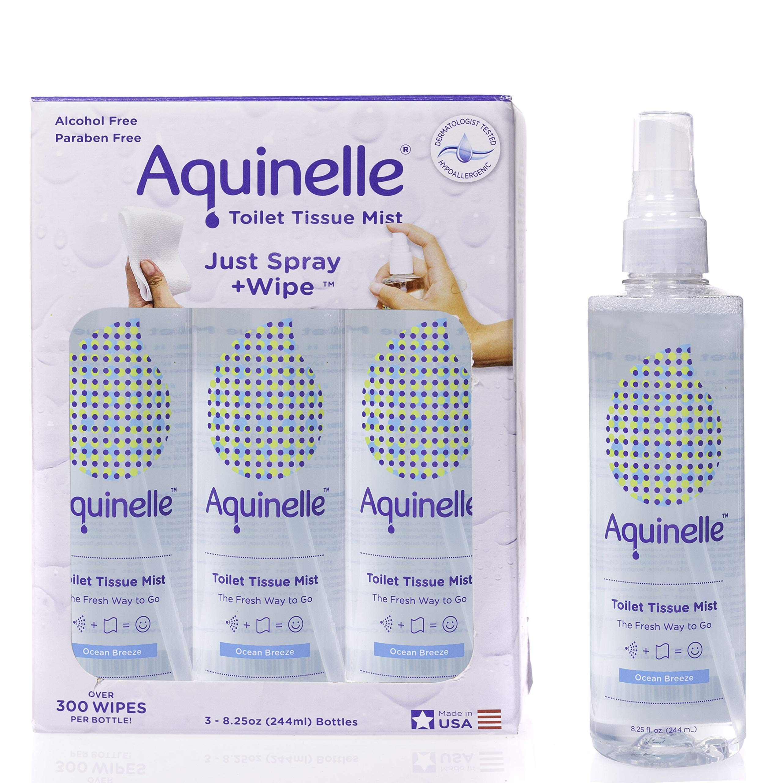 Aquinelle Ocean Breeze bottle shown in bathroom for eco-friendly freshness