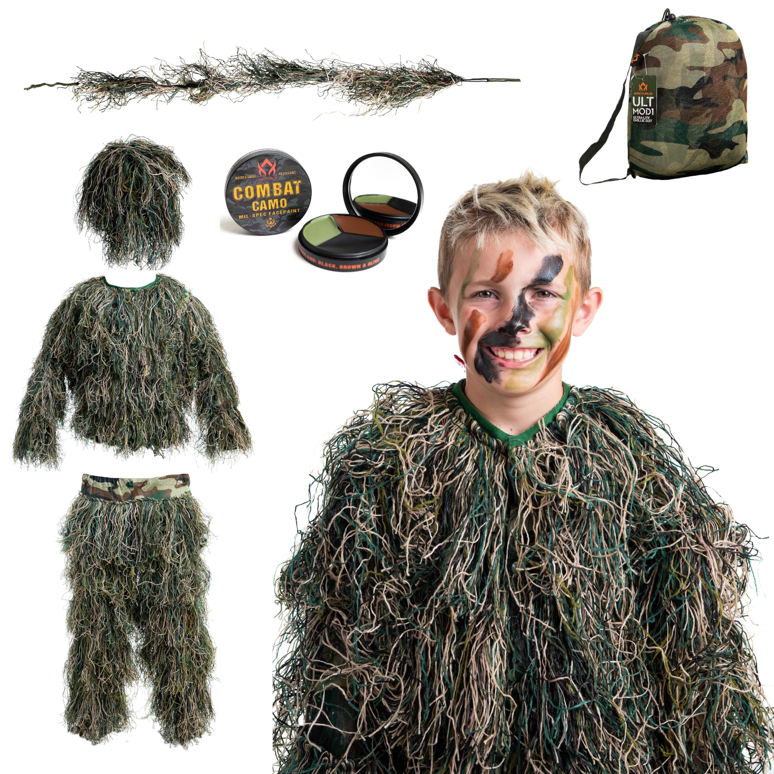 Arcturus Ultra-Lite Kids Ghillie Suit front view in woodland camouflage for stealthy play.