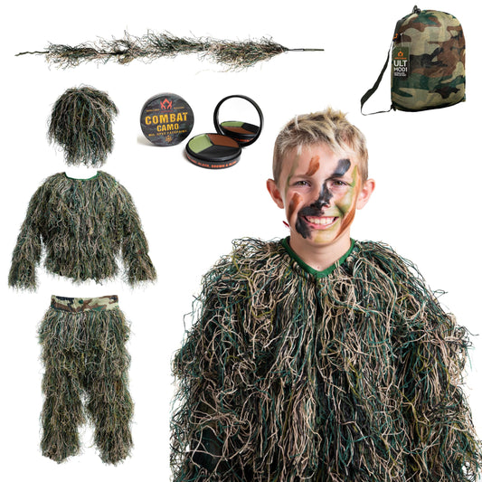 Arcturus Ultra-Lite Kids Ghillie Suit front view in woodland camouflage for stealthy play.