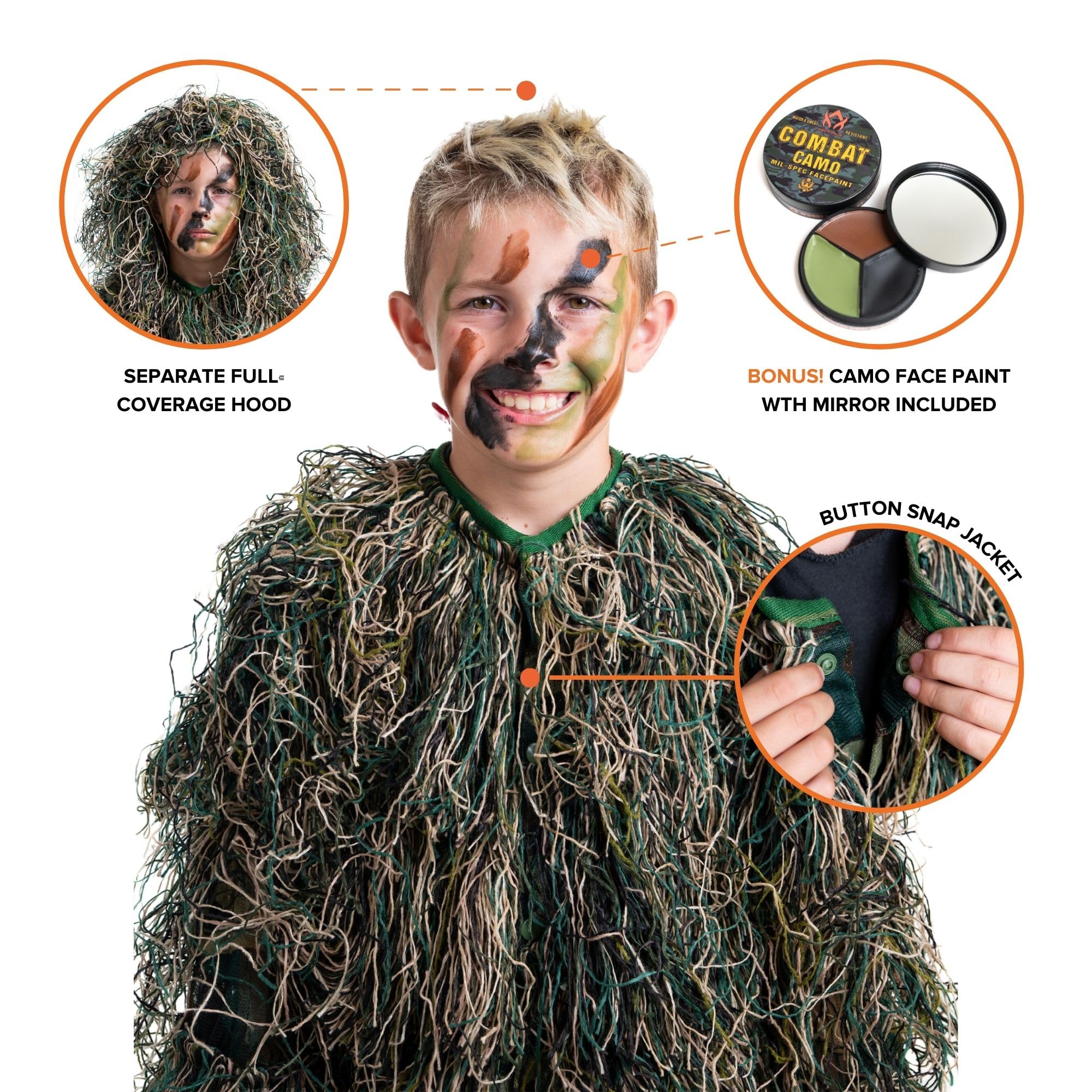 Arcturus Ultra-Lite Kids Ghillie Suit jacket detail shows breathable mesh fabric and easy front closure.