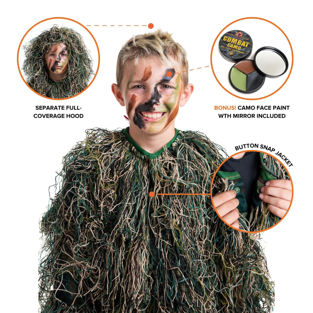 Arcturus Ultra-Lite Kids Ghillie Suit jacket detail shows breathable mesh fabric and easy front closure.