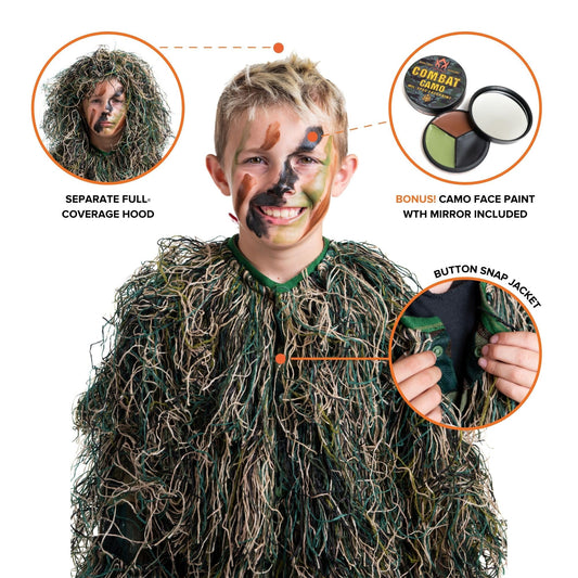 Arcturus Ultra-Lite Kids Ghillie Suit jacket detail shows breathable mesh fabric and easy front closure.