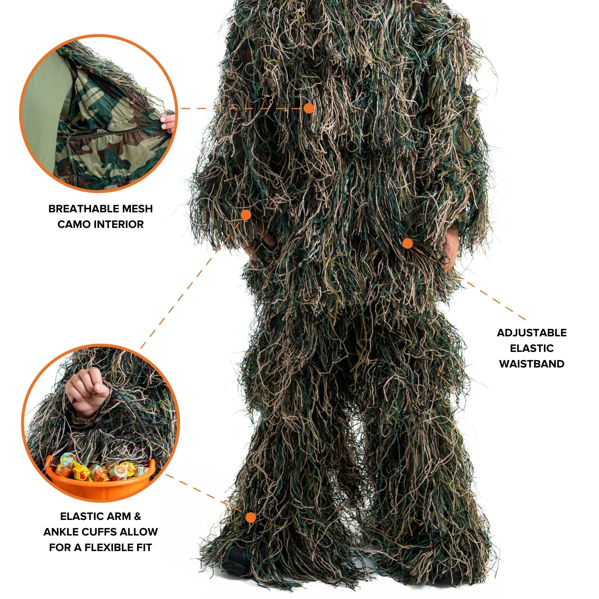 Arcturus Ultra-Lite Kids Ghillie Suit pants side view with draw cords for secure fit.