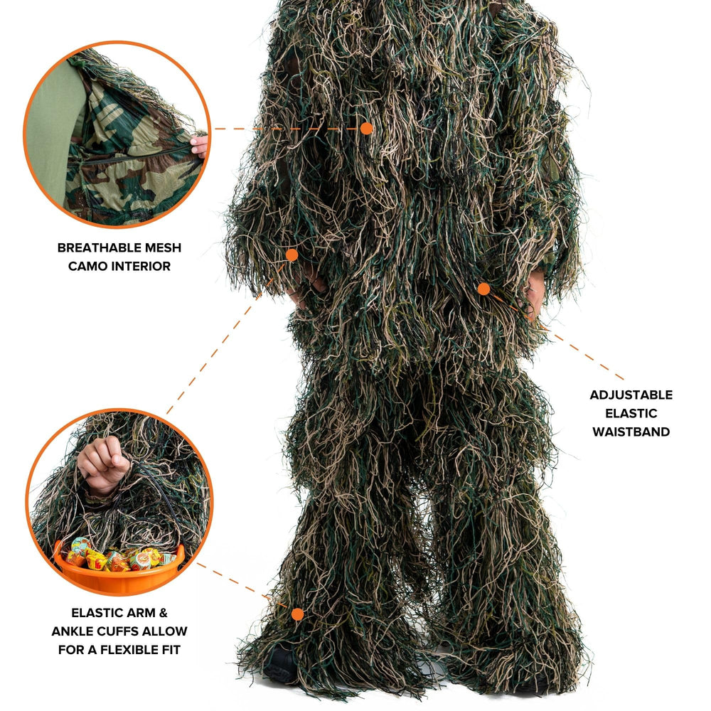 Arcturus Ultra-Lite Kids Ghillie Suit pants side view with draw cords for secure fit.