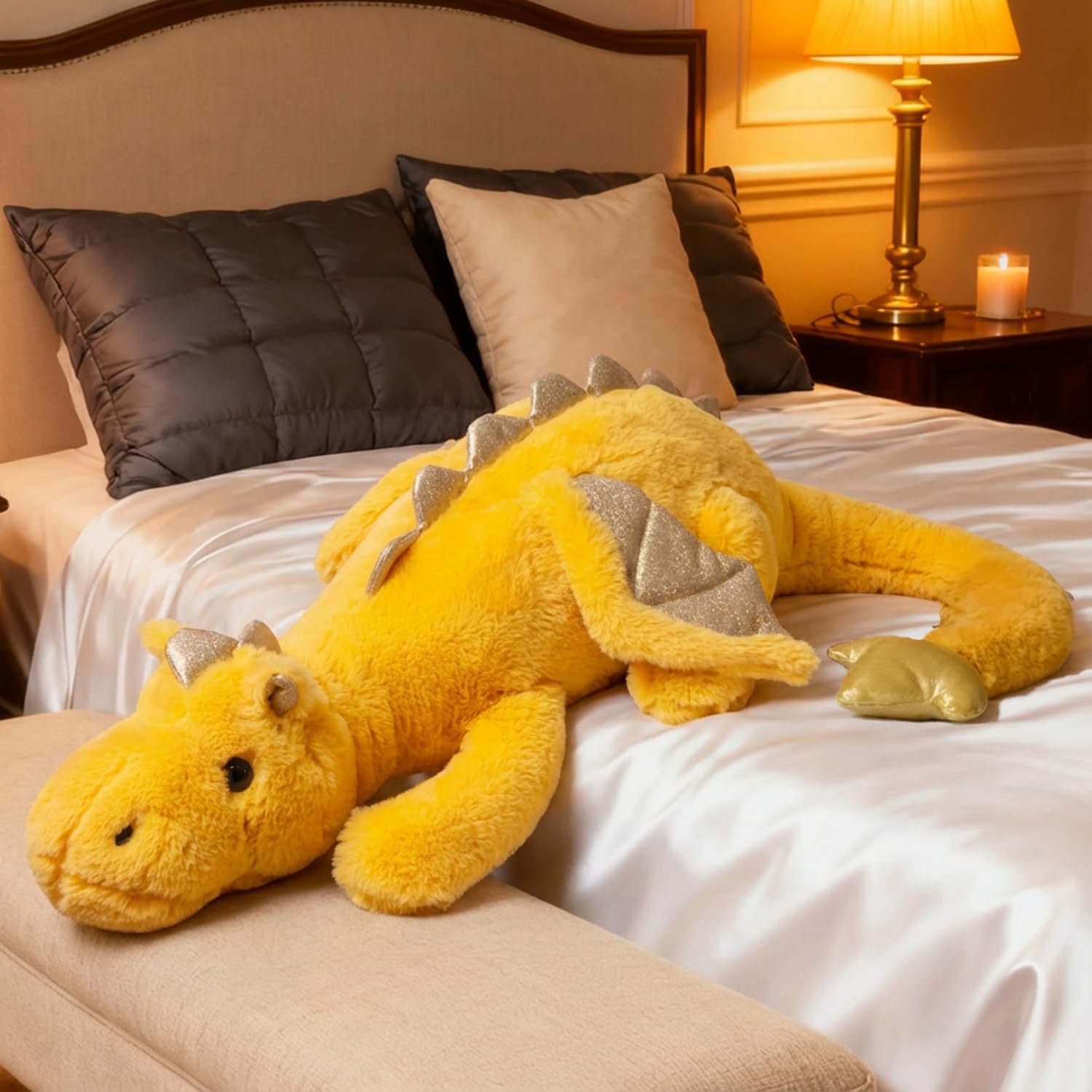 ARELUX giant yellow pterosaur pillow highlighting soft, huggable texture.