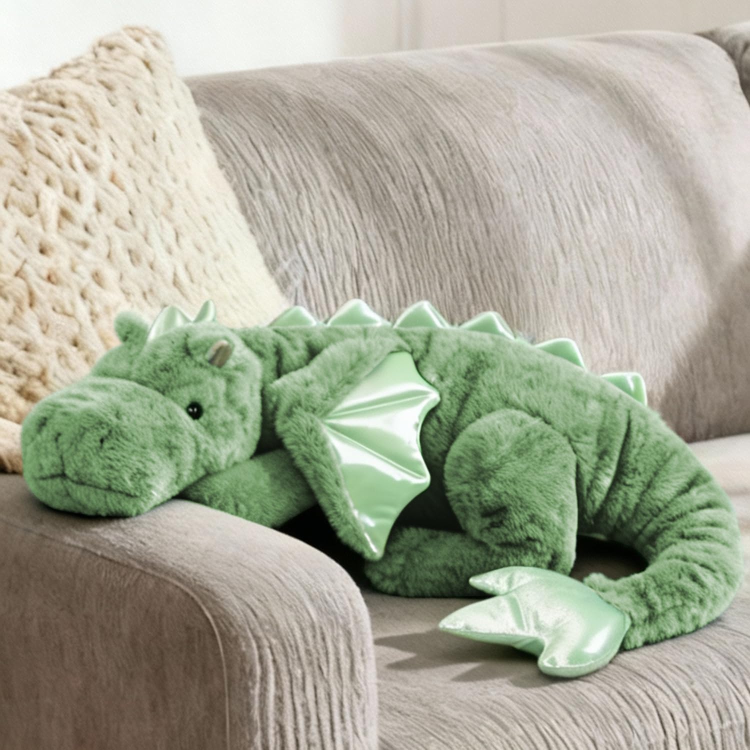 ARELUX green dragon pillow plush cuddle buddy for naps and travel.