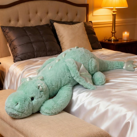 ARELUX large 36in dragon plush body with soft green fur makes cozy naps possible.