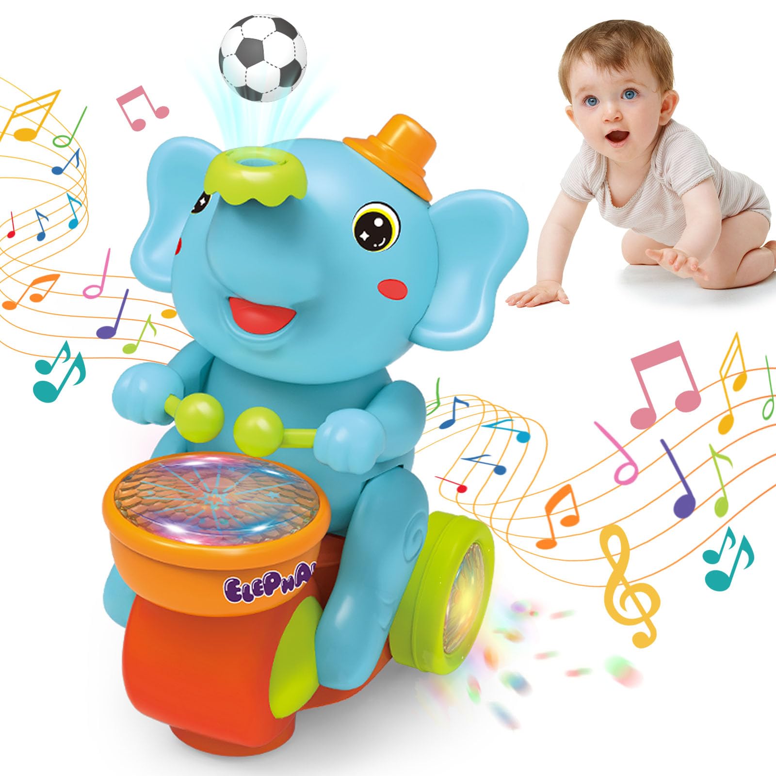 ARHEQI baby elephant toy front view with lights and sounds promoting sensory play.