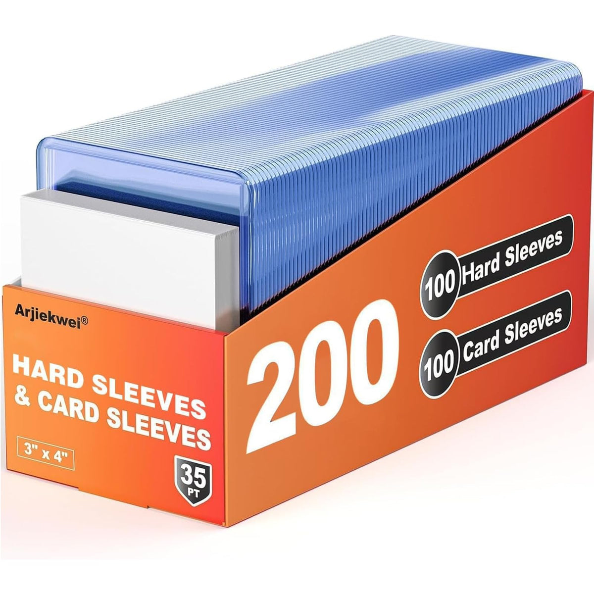 Arjiekwei front packaging showing mixed 100 hard and 100 soft sleeves for secure storage