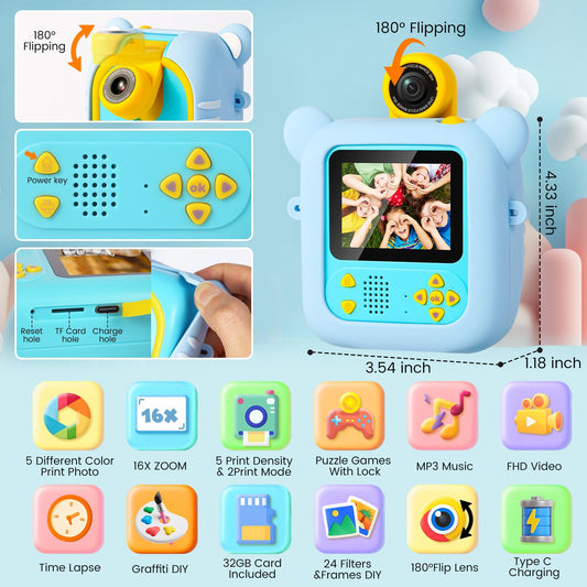 ARNSSIEN Kids Camera Instant Print 180-degree lens enables flexible selfies.