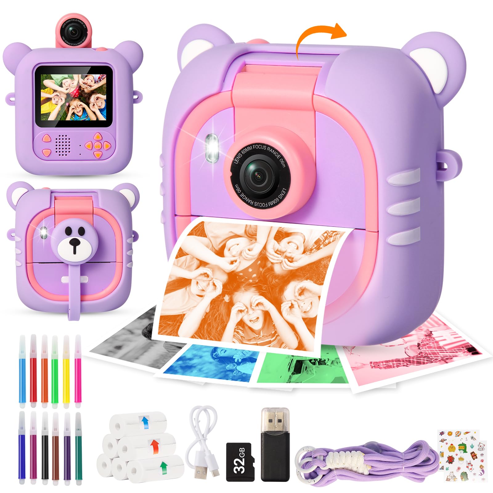 ARNSSIEN kids camera front view with instant print capability