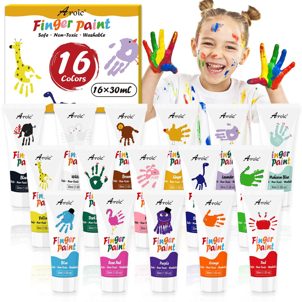 AROIC 16 Colors washable finger paint set packaging shows vibrant options for creative play