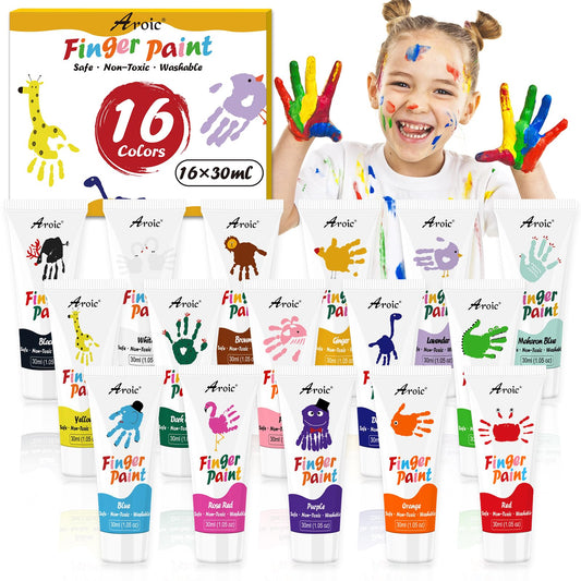 AROIC 16 Colors washable finger paint set packaging shows vibrant options for creative play