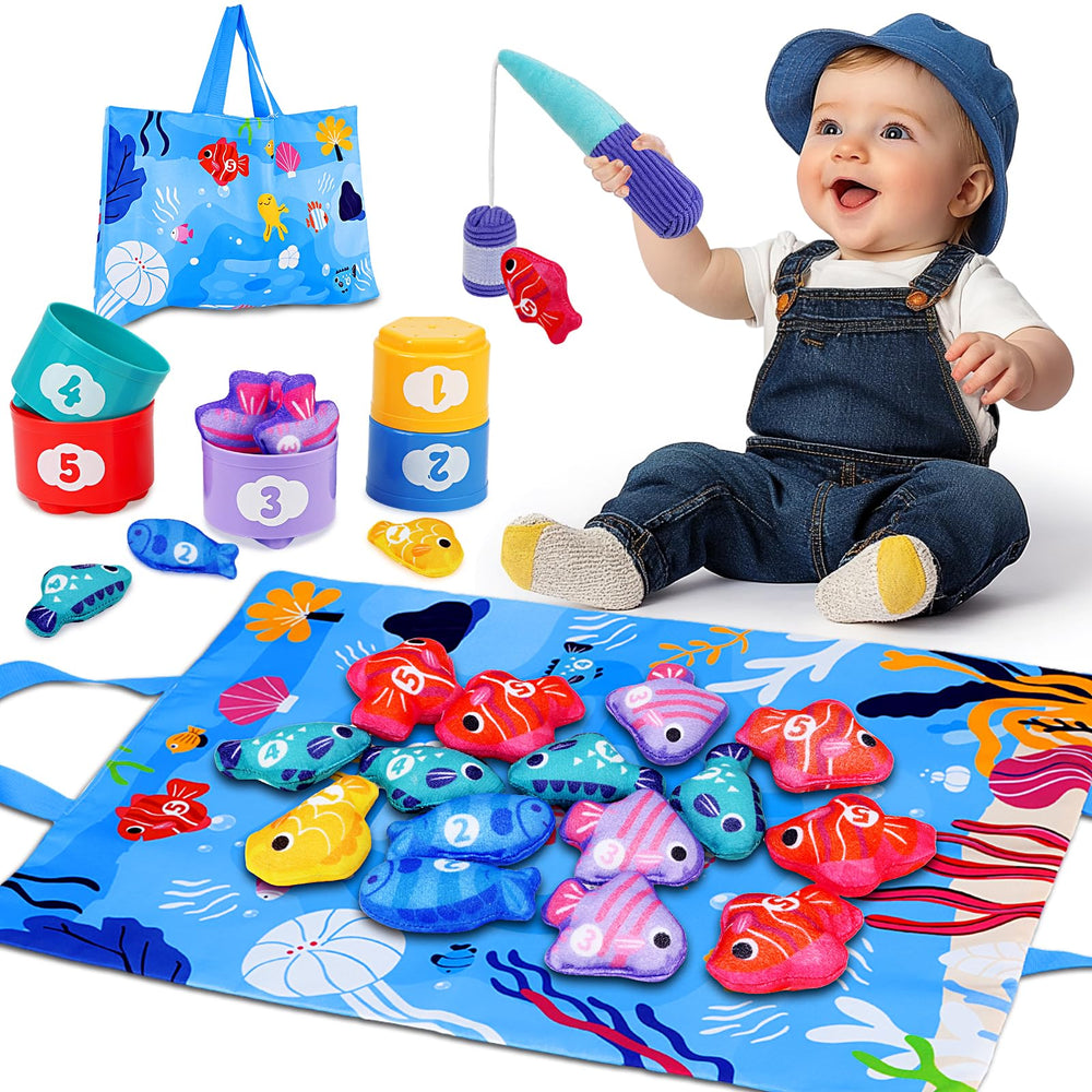 Arovan Montessori fishing toy with a pole for imaginative play and fine motor practice.