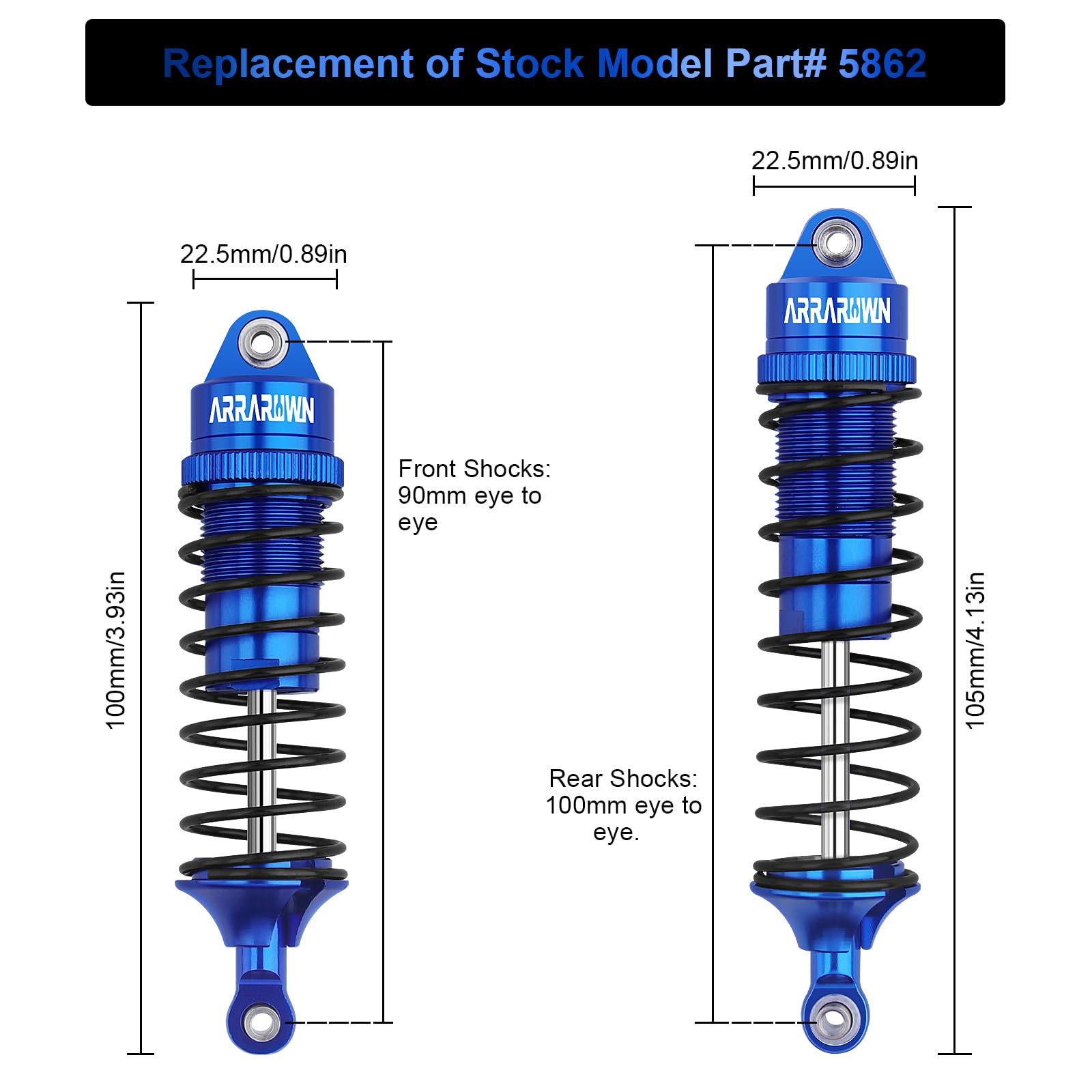 ARRAROWN front shock eye-to-eye 90mm—consistent damping for front suspension.