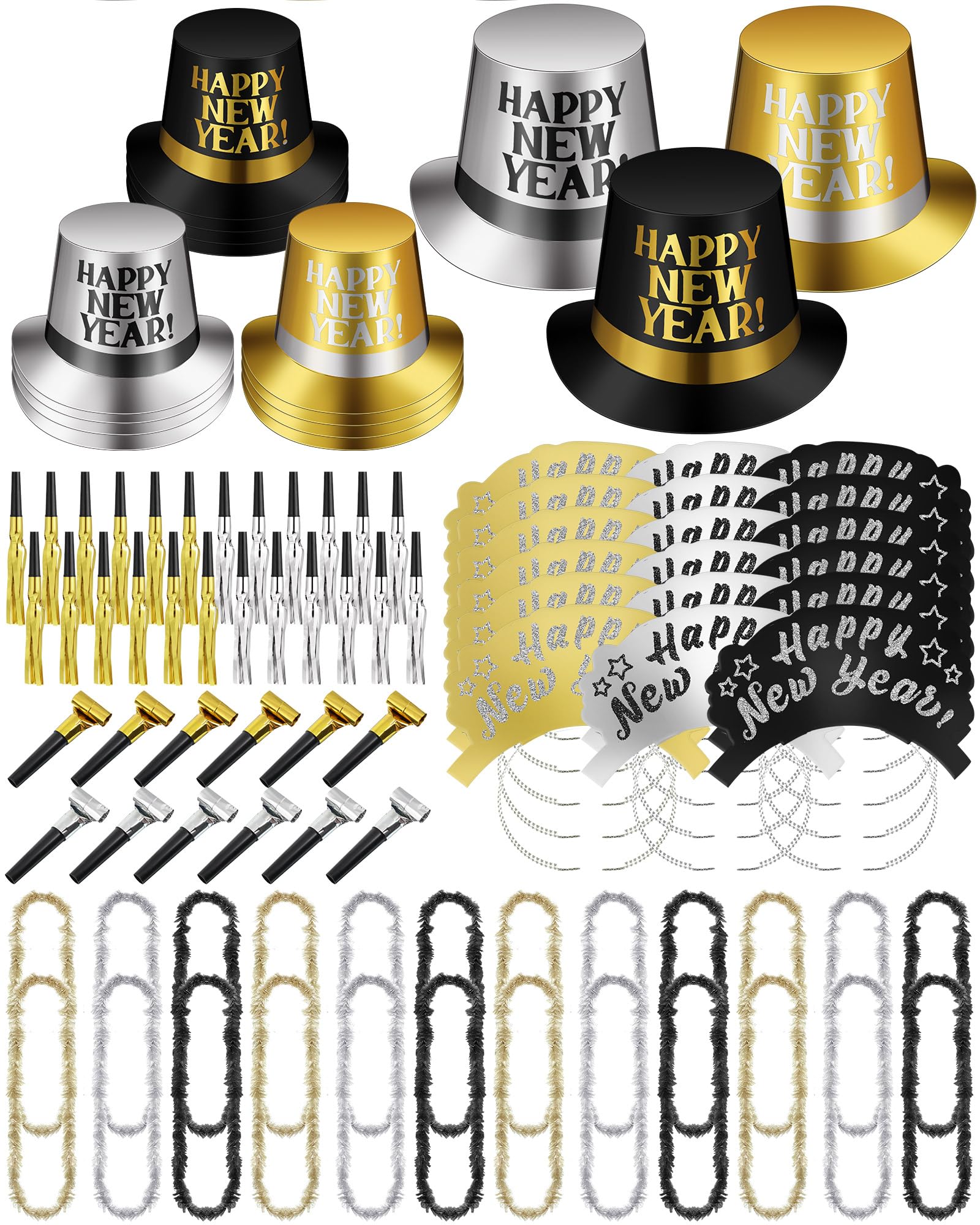 Arrowbash new year's hats in gold, silver, and black for festive photos.