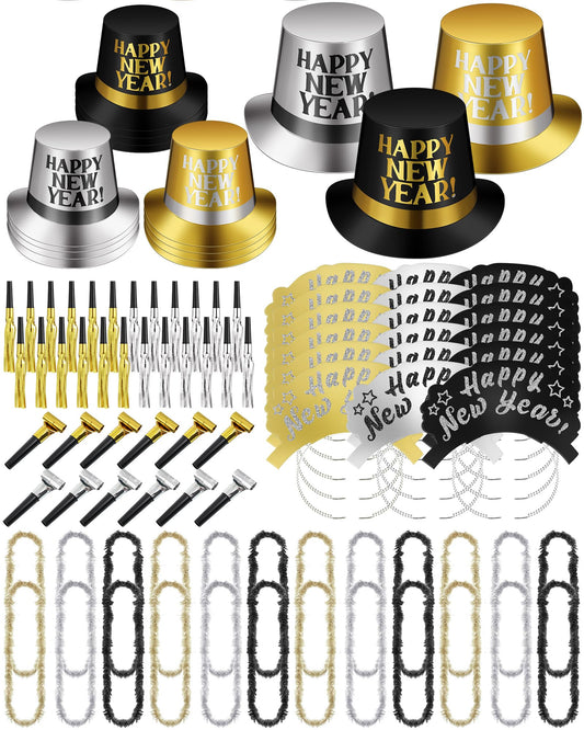 Arrowbash new year's hats in gold, silver, and black for festive photos.
