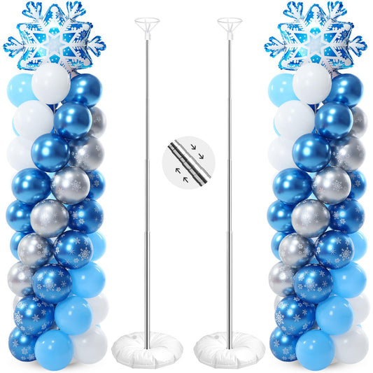 Arrowbash winter balloon column stand with snowflake accents for festive entrances.