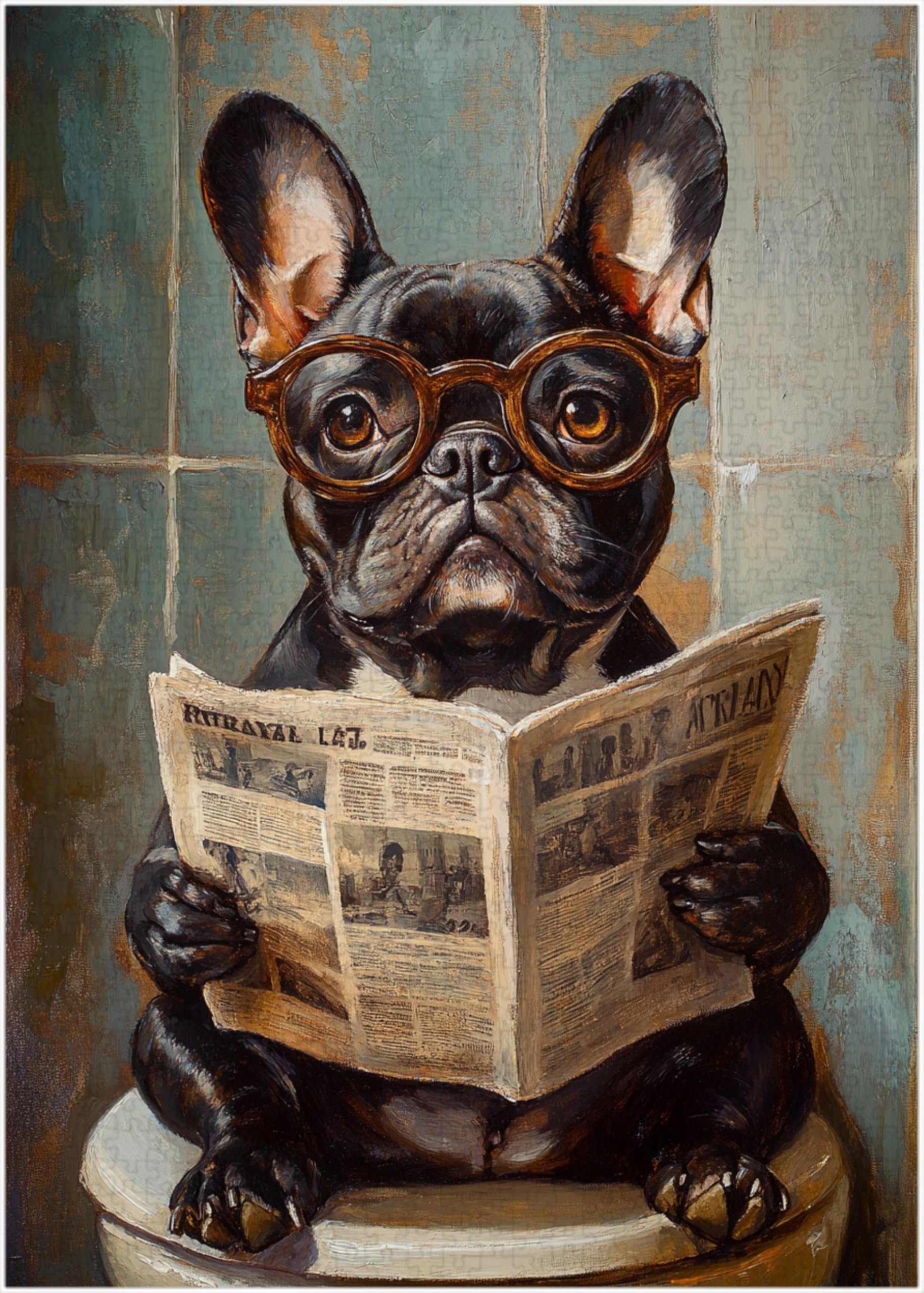 Art of Socks French Bulldog reading newspaper puzzle image, ideal for cozy family evenings.
