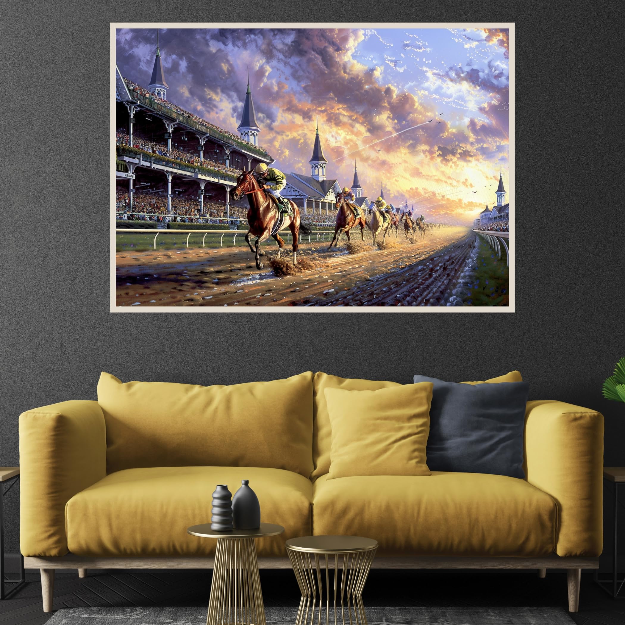 Art of Socks horse racing puzzle box and pieces emphasize premium quality and no paper chips.