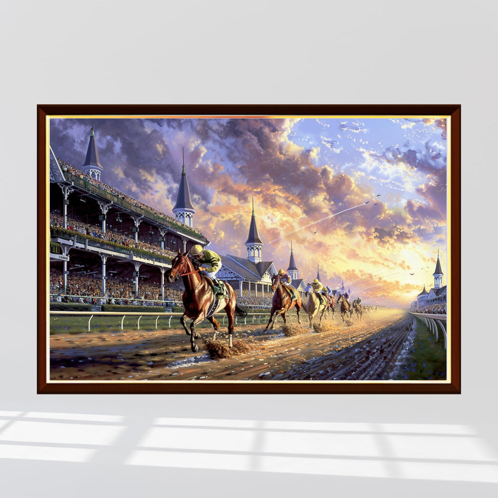 Art of Socks horse racing puzzle completed assembly reveals rich detail and satisfying piece-fit.