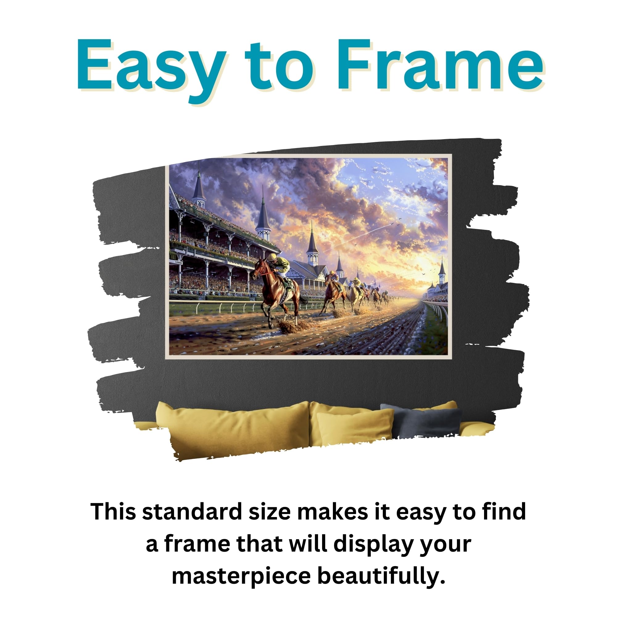 Art of Socks horse racing puzzle frame-ready presentation enhances display in any room.