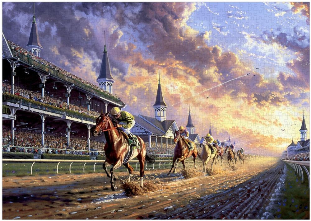Art of Socks horse racing puzzle front view highlights vivid colors for an engaging solving experience.