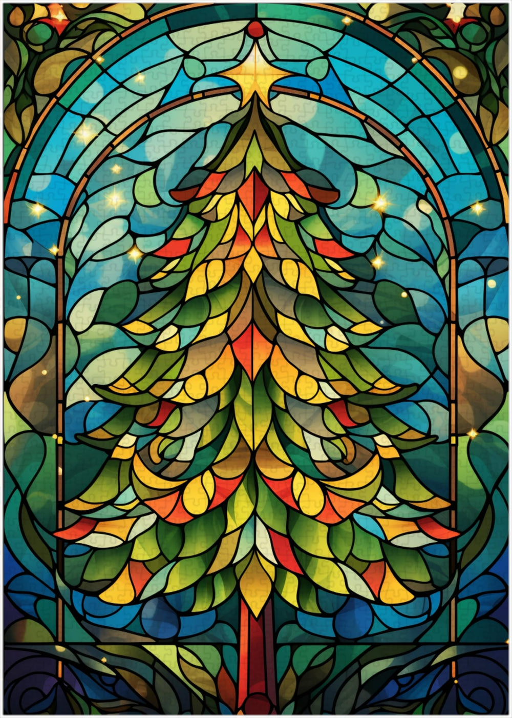 Art of Socks stained glass Christmas tree puzzle 1000pc with vibrant colors for family fun.