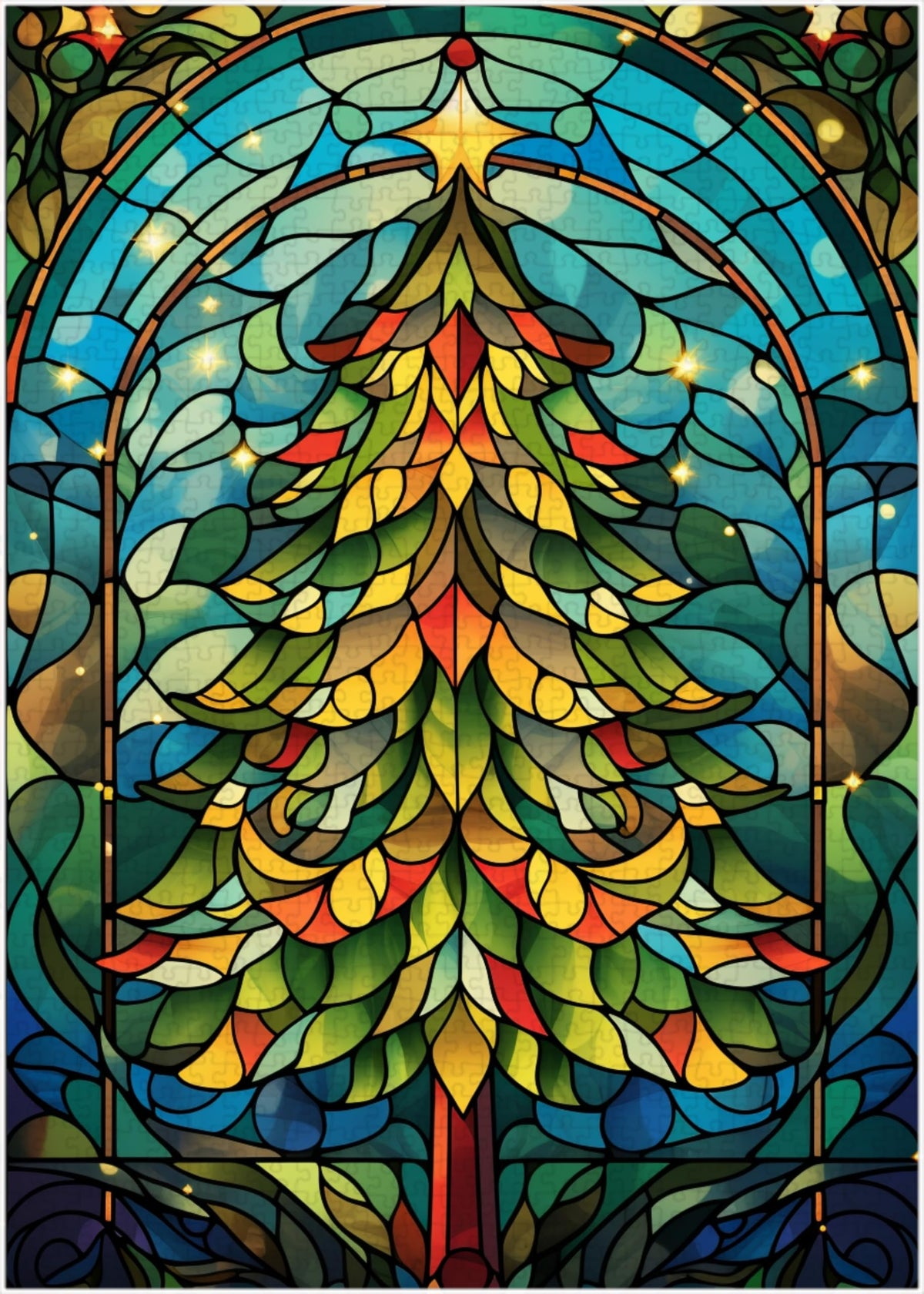 Art of Socks stained glass Christmas tree puzzle 1000pc with vibrant colors for family fun.