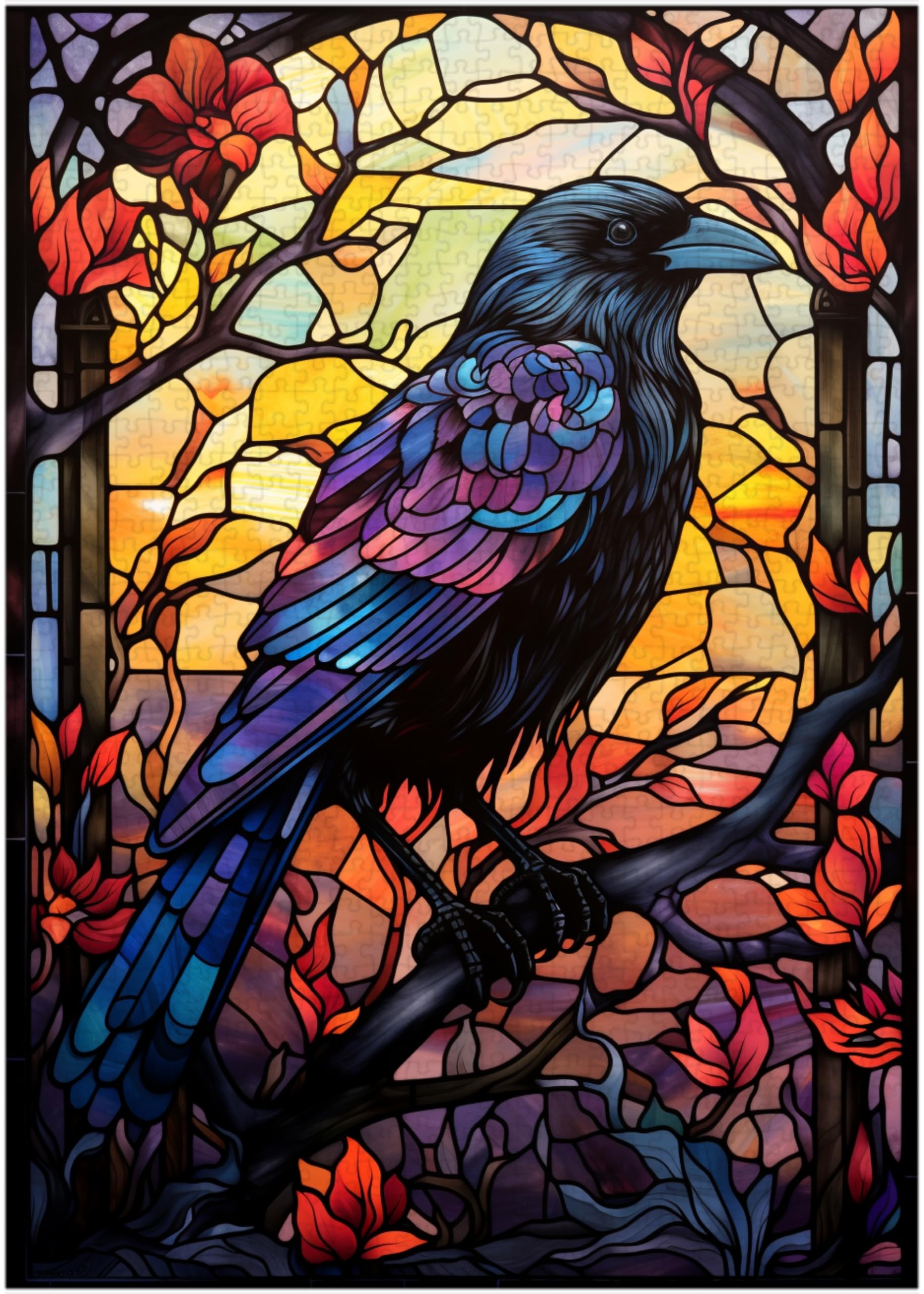 Art of Socks stained glass crow puzzle cover image with vibrant hues for adults
