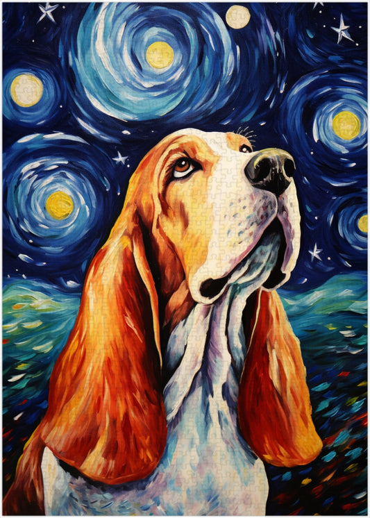 Art of Socks Starry Night Basset Hound puzzle with 1000 vibrant pieces for a cozy evening activity