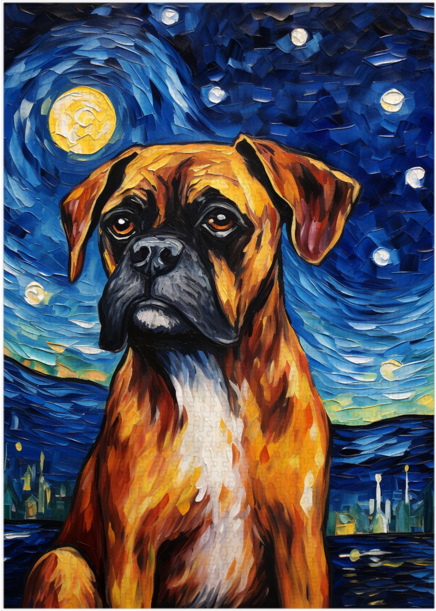 Art of Socks Starry Night Boxer Dog Puzzle in-progress image, perfect for family challenge and mindful relaxation.