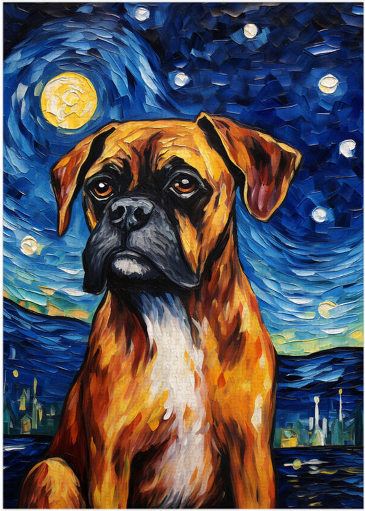 Art of Socks Starry Night Boxer Dog Puzzle in-progress image, perfect for family challenge and mindful relaxation.