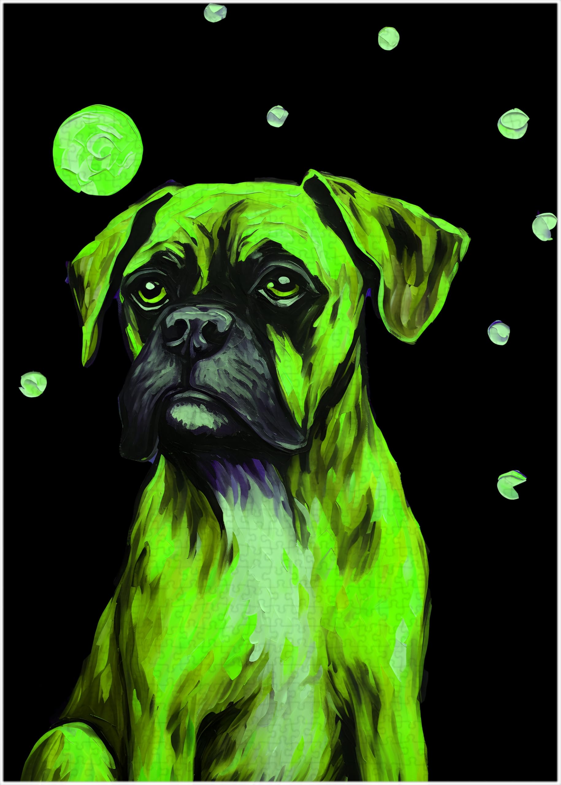 Art of Socks Starry Night Boxer Dog Puzzle glow-in-the-dark stars illuminate nighttime puzzling sessions.