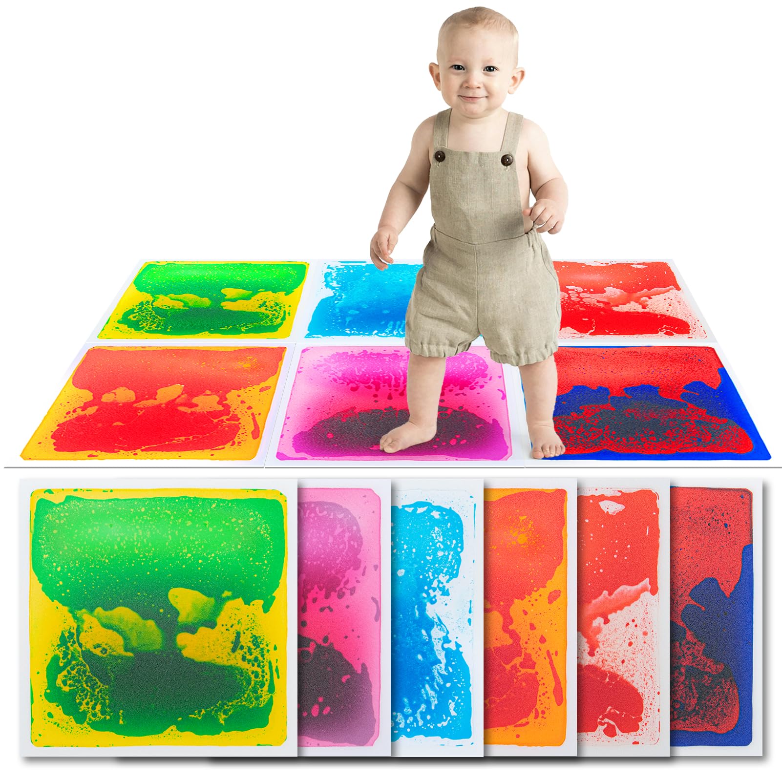 Art3d Liquid Sensory Floor Tiles show colorful motion in a playful living space.