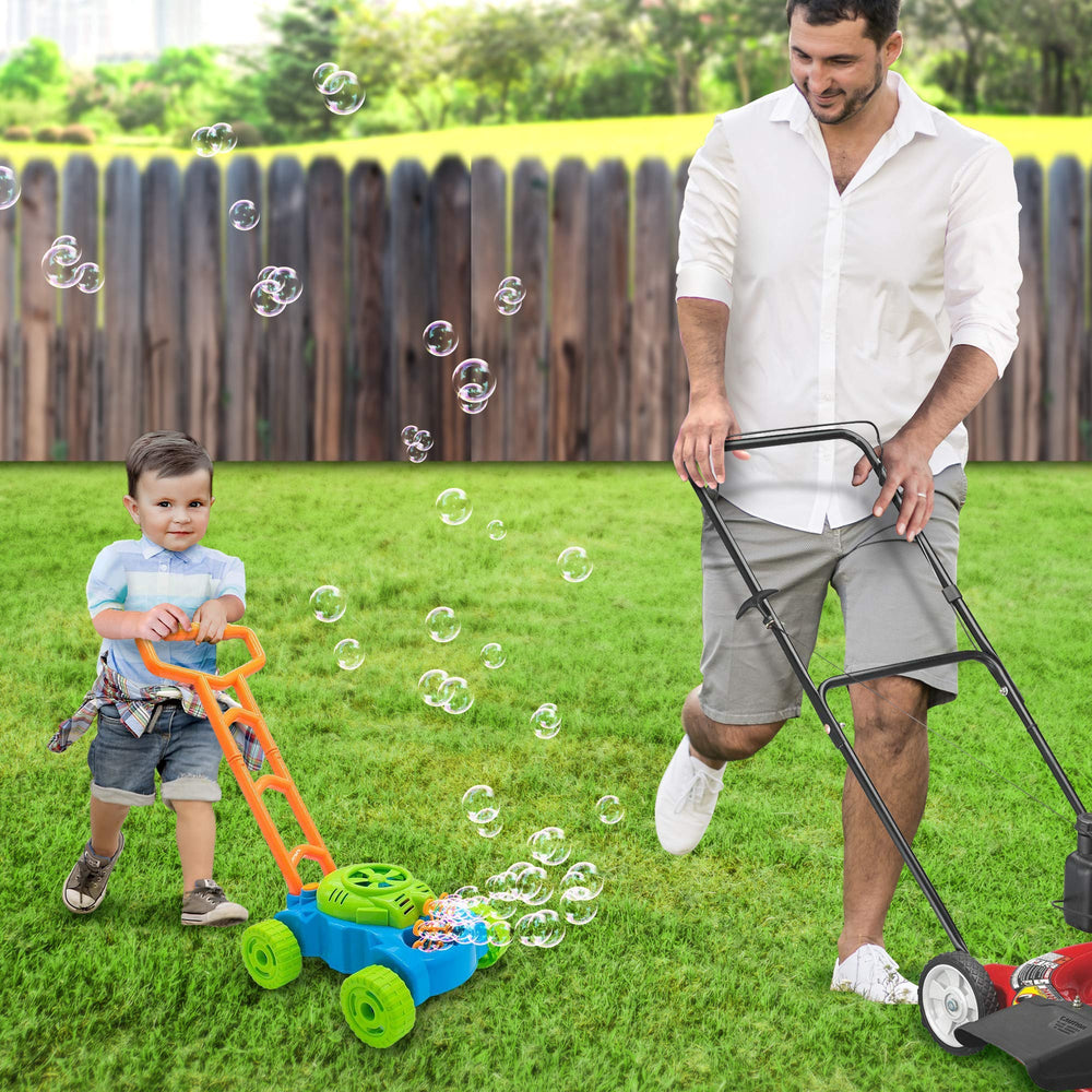 ArtCreativity bubble lawn mower runs on three AA batteries for continuous fun.