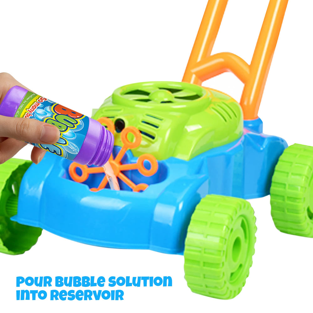 ArtCreativity bubble lawn mower includes bubble solution for immediate play.