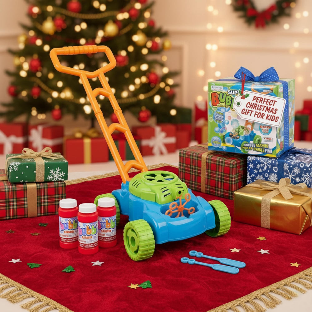 ArtCreativity bubble lawn mower push sounds enhances pretend play with realistic gear noises.