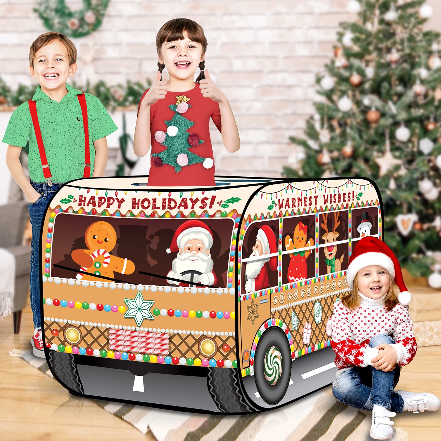 ArtCreativity Christmas Bus Tent back view creates cozy indoor holiday backdrop
