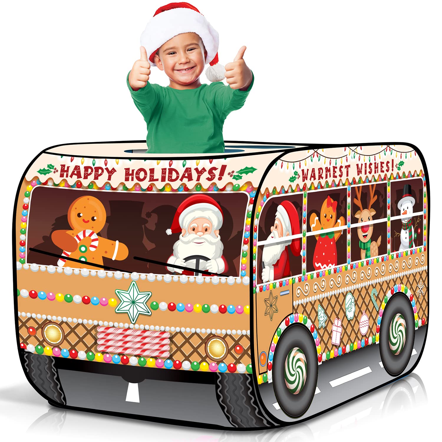 ArtCreativity Christmas Bus Tent front view shows festive design for imaginative playtime