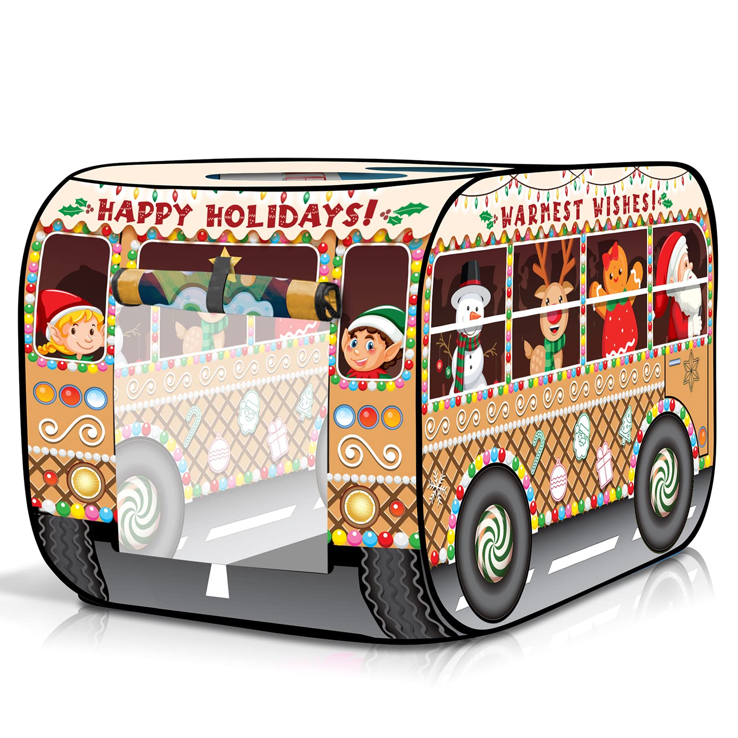 ArtCreativity Christmas Bus Tent side view highlights spacious interior for group storytelling