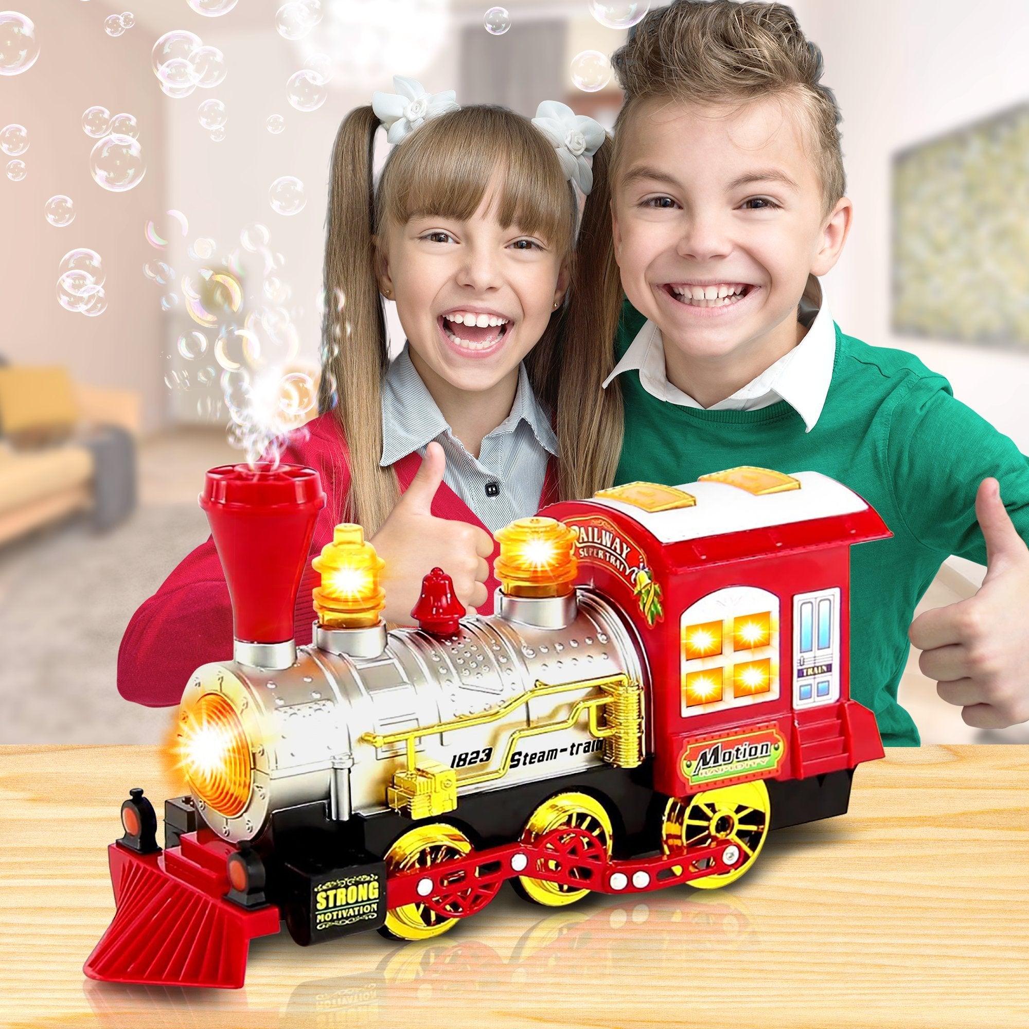 ArtCreativity Christmas Train Bubble Machine showing lights and sounds for immersive playtime.
