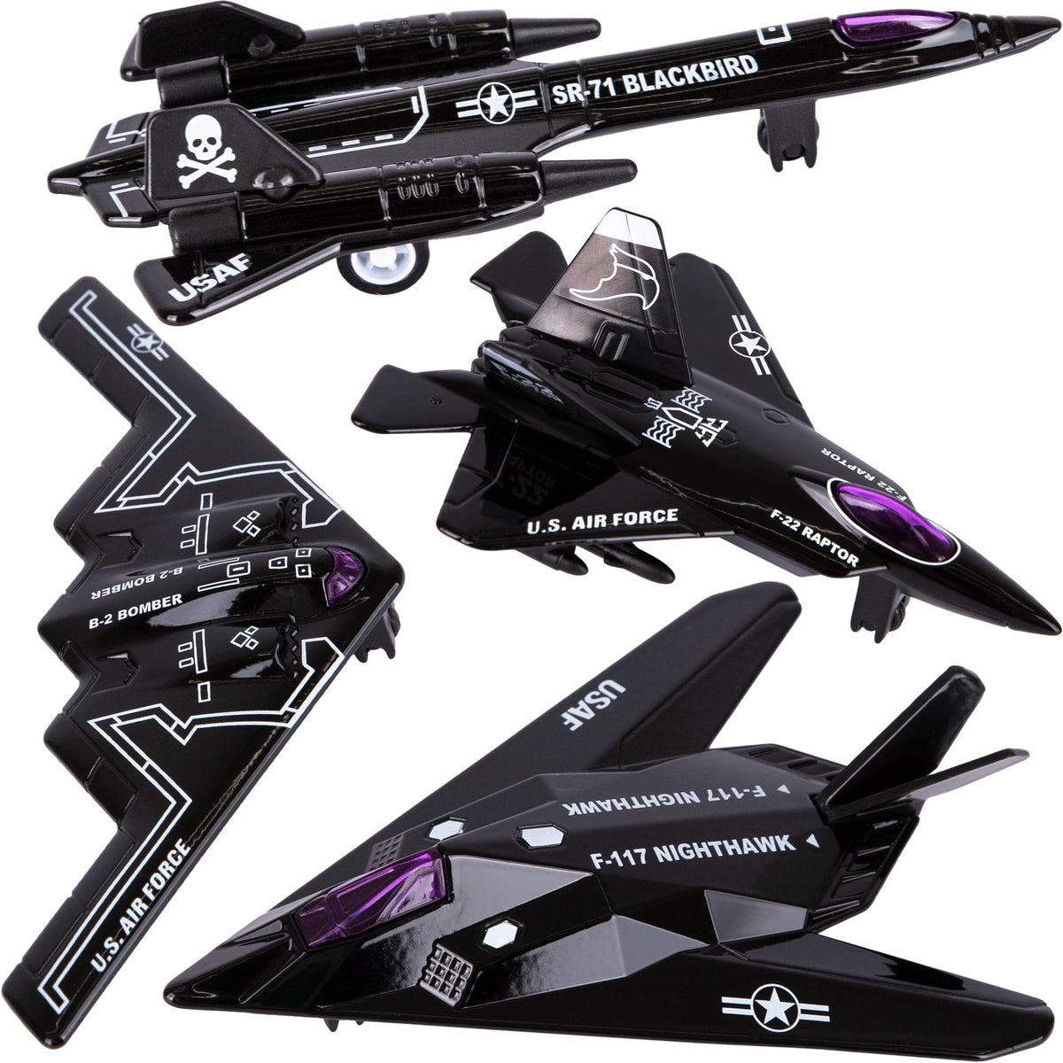 ArtCreativity diecast stealth bomber jet, front view, durable play appeal.