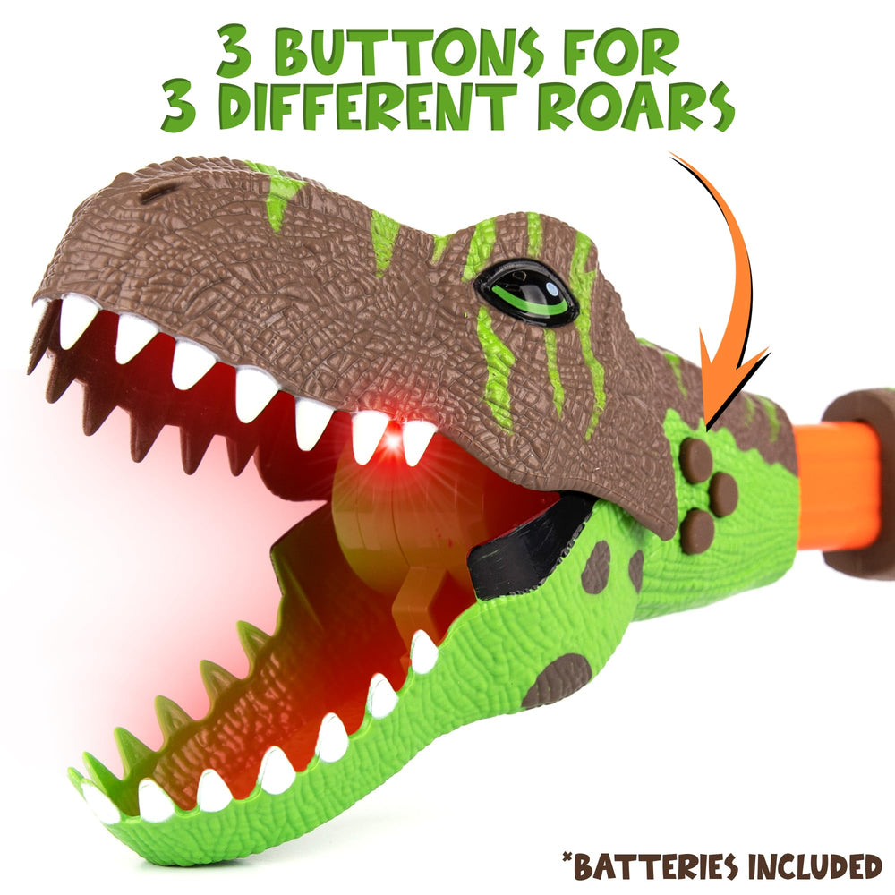 ArtCreativity Dinosaur Grabber with LED mouth light adds visual excitement in dim rooms.