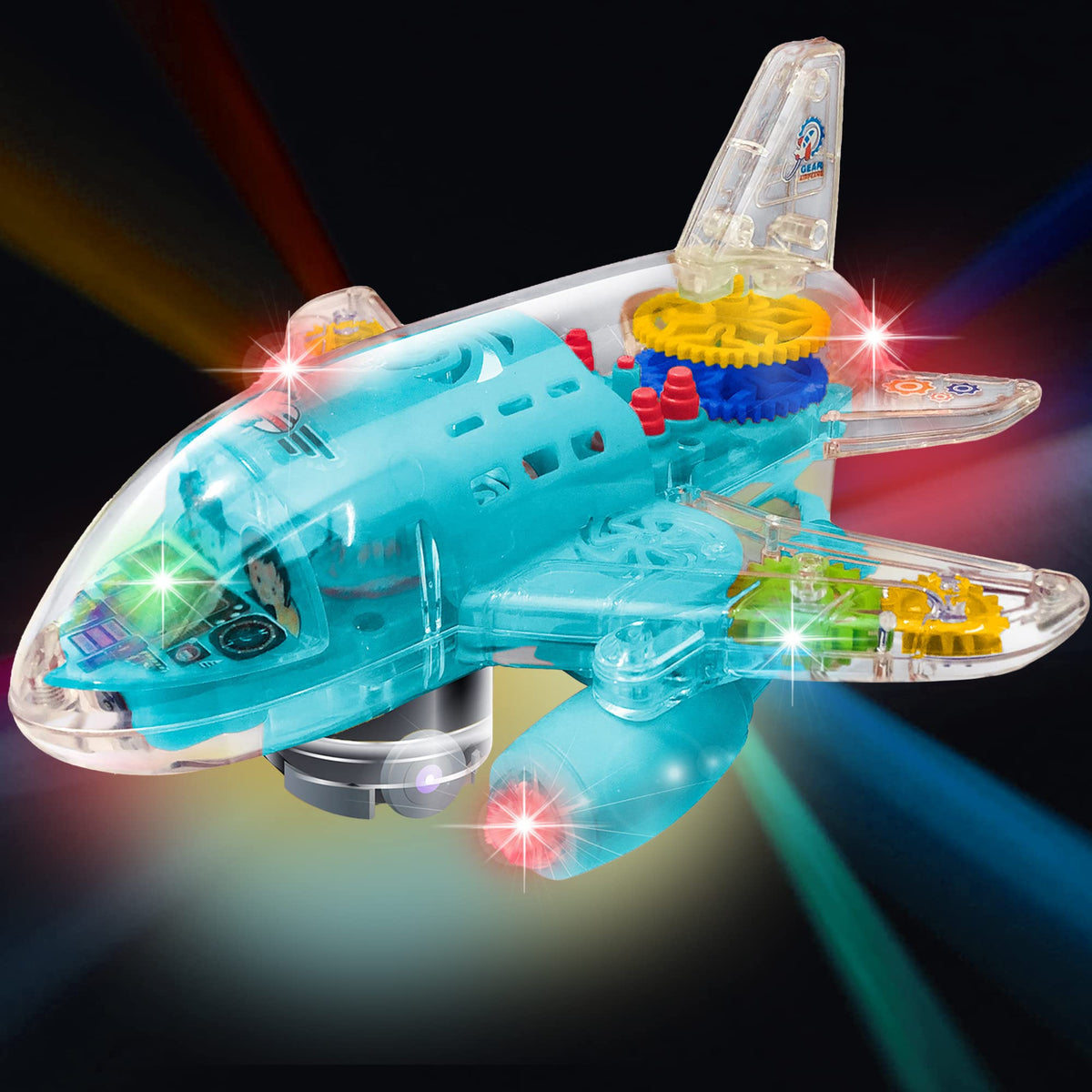 ArtCreativity light-up airplane toy front view with colorful gears for engaging toddler play.